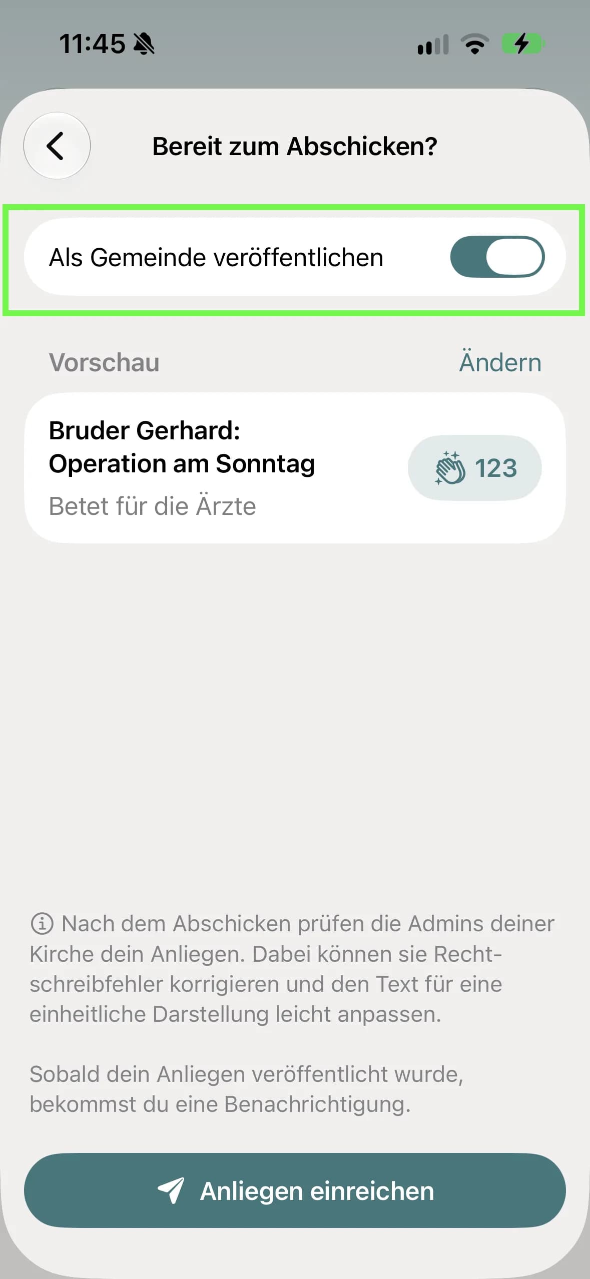 Bildschirm „Bereit zum Abschicken?“ mit dem Schalter „Als Gemeinde veröffentlichen“